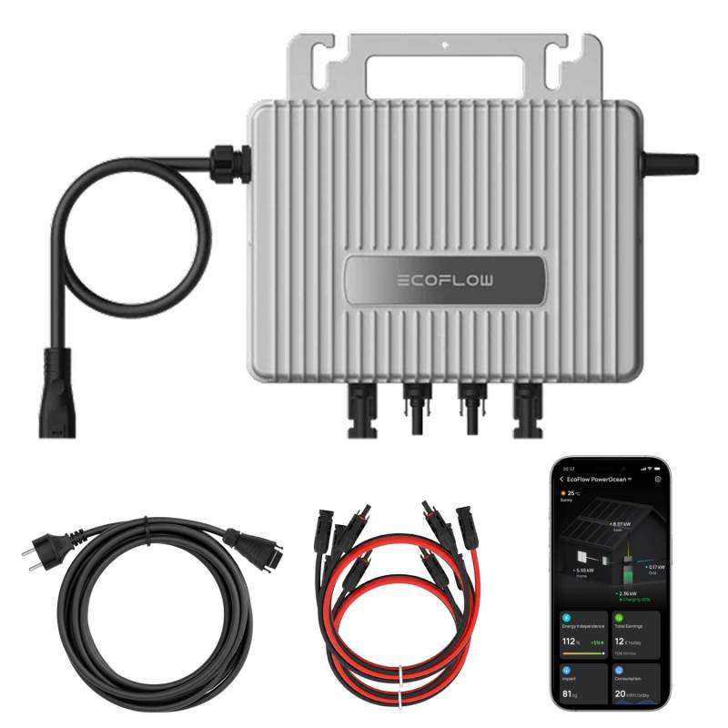 ECOFLOW Stream Mikro-Wechselrichter 800 W für Balkonkraftwerk 2 MPPT mit WIFI inkl. 5 m Anschlusskabel & 4x 1m Solar-Verlängerungen Micro Inverter von EcoFlow