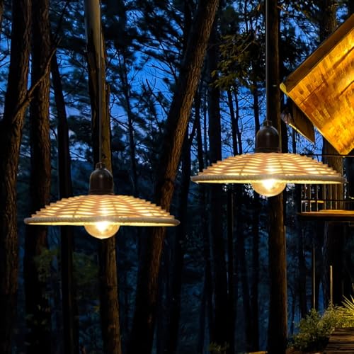 EcoGehen 2er Außen Hängelampe Hängeleuchte mit Batterie Fernbedienung Batteriebetriebene Lampe Boho Rattan Φ25cm Lampenschirm Pendelleuchte ohne Strom Stromanschluss Wasserdicht Outdoor Beleuchtung von EcoGehen