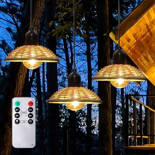 3er Außen Hängelampe Hängeleuchte mit Batterie Fernbedienung Batteriebetriebene Lampe Boho Rattan Φ17,5cm Lampenschirm Pendelleuchte ohne Strom Stromanschluss - IP44 Wasserdicht Outdoor Beleuchtung von EcoGehen