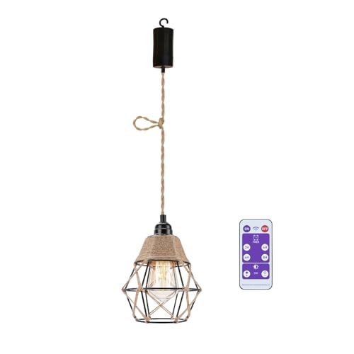 Boho Hängelampe mit Batterie Industrie Deckenlampe Ohne Strom Stromanschluss Batteriebetrieben Glühbirne Led Hängeleuchte Hängend Akku Pendelleuchte Rattan Lampenschirm für Schlafzimmer Wohnzimmer von EcoGehen