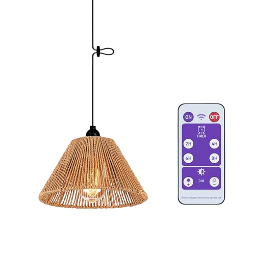 Boho Lampe Hängelampe mit Batterie Fernbedienung Deckenlampe ohne Strom Stromanschluss Pendelleuchte Batteriebetrieben Tragbare Regenschirm Rattan Lampenschirm IP44 Wasserdicht Außen Beleuchtung von EcoGehen