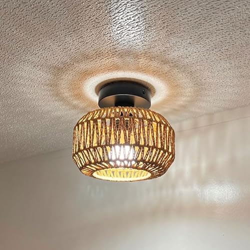 Boho Rattan Lampe Deckenleuchte Hängend Vintage Deckenlampe Wohnzimmer Geflochten Lampenschirm Rustikal Rattan Deckenleuchte Esszimmer Korb Lampe Hängelampe Pendelleuchte für Schlafzimmer Küche Flur von EcoGehen