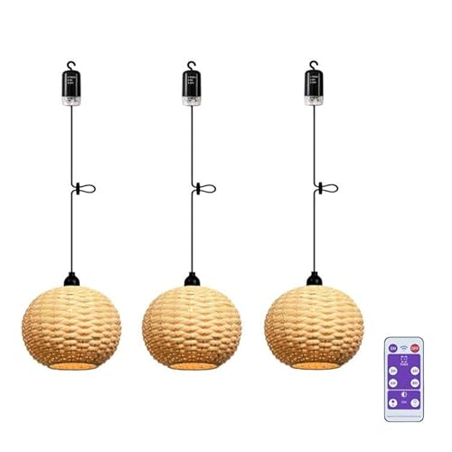 EcoGehen 3x Außen Hängelampe Klein Hängeleuchte mit Batterie Fernbedienung Batteriebetriebene Lampe Tragbare Boho Rattan Lampenschirm Pendelleuchte ohne Stromanschluss Wasserdicht Beleuchtung von EcoGehen