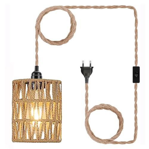 EcoGehen Boho Vintage Hängelampe mit Stecker Lampe Pendelleuchte Rattan Zylinder Lampenschirm Hängeleuchte Esstischlampe Industrie Hängende Laterne 450cm Kabel E27 für Schlafzimmer Flur Küche Esstisch von EcoGehen