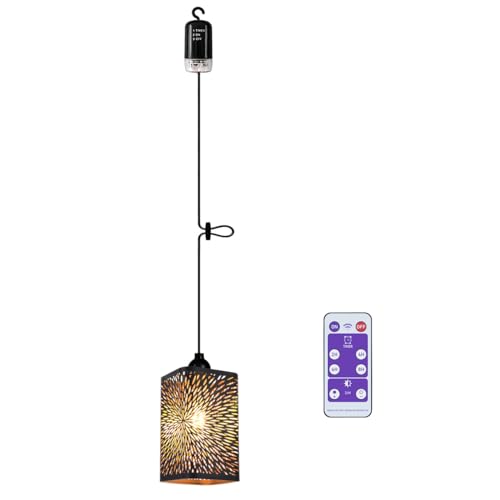 EcoGehen Retro Hängeleuchte mit Batterie Fernbedienung Deckenlampe ohne Strom Stromanschluss Batteriebetriebene Hängelampe Feuerwerk Metall Lampenschirm Pendelleuchte für Balkon Garten Flur Deko von EcoGehen