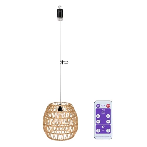 EcoGehen Rattan Hängelampe mit Batterie Außen Innen Hängeleuchte Batteriebetriebene Lampe Tragbare Boho Korb Lampenschirm Pendelleuchte ohne Strom Stromanschluss Outdoor Beleuchtung für Garten von EcoGehen