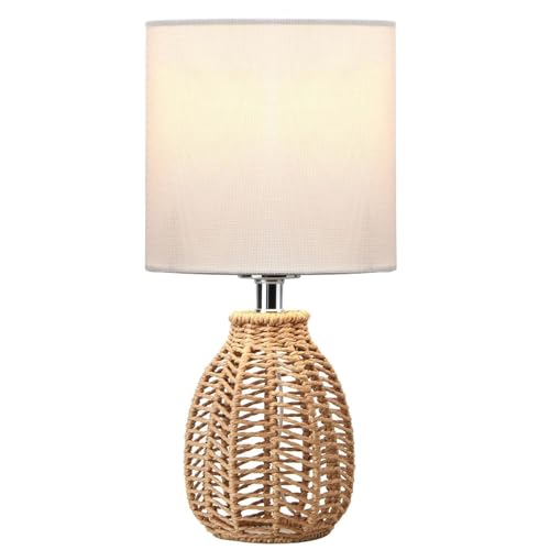 EcoGehen Tischlampe Wohnzimmer Nachttischlampe mit Rattan Lampenschirm Vintage Landhaus Tischlampen Tischleuchte mit Weiß Stoffschirm aus Leinen für Modern Boho Deko Schlafzimmer Nachttisch Geschenk von EcoGehen