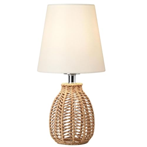 Tischlampe Wohnzimmer Vintage Rattan Stehlampe Tischlampen Nachtischlampe Weiß Stoffschirm Klein Japandi Landhaus Korb Lampenschirm Lampe für Boho Deko Schlafzimmer Nachttisch Esstisch Tisch Geschenk von EcoGehen