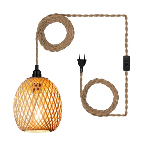 EcoGehen Hängelampe Lampenschirm mit Stecker Outdoor Lampe Hängend Boho Rattan Deckenlampe Hängeleuchte Bambus Deko Deckenleuchte Esstisch Lampen Hängelampen Pendelleuchte 4,5M Kabel für Schlafzimmer von EcoGehen