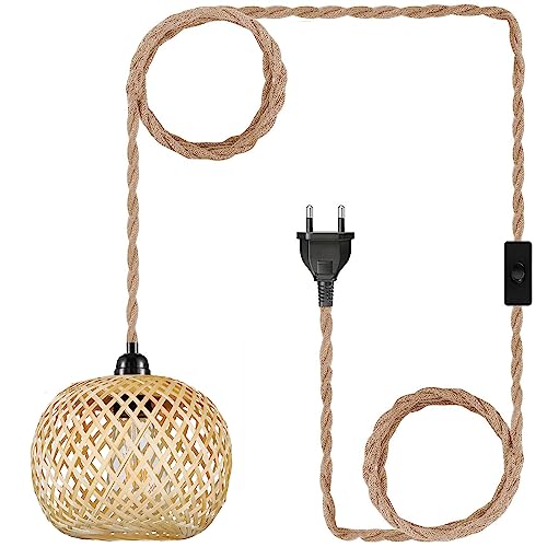 EcoGehen Vintage Hängelampe mit Stecker - Boho Lampe Pendelleuchte Rattan Bambus Lampenschirm Hängeleuchte Esstischlampe Rustikal Hängende Leuchte 450cm Kabel E27 für Schlafzimmer Flur Küche Esstisch von EcoGehen