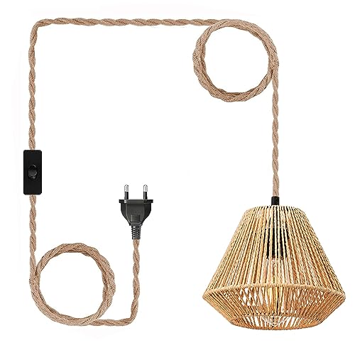 Vintage Dimmbar Hängelampe mit Stecker Schalter - Boho Lampe Pendelleuchte Rattan Lampenschirm Hängeleuchte Esstischlampe Rustikal Hängende Leuchte 450cm Kabel E27 für Schlafzimmer Flur Küche Esstisch von EcoGehen