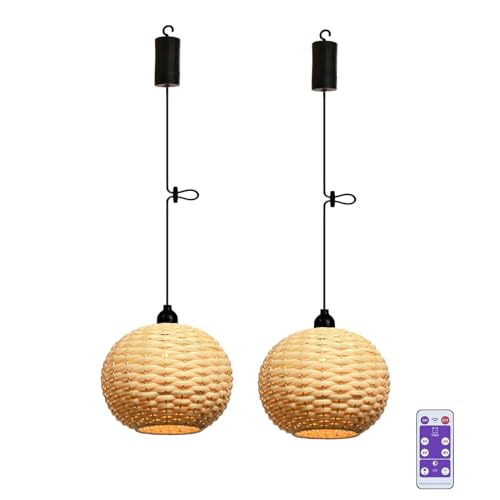 2x Außen Hängelampe Rund Hängeleuchte mit Batterie Fernbedienung Batteriebetriebene Lampe Tragbare Boho Rattan Lampenschirm Pendelleuchte ohne Stromanschluss Wasserdicht Outdoor Beleuchtung von EcoGehen