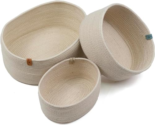 EcoKunst 3er Set Körbe Aufbewahrung aus Baumwolle Regal Wollkorb Beige Geflochten Speicherkörben für Regale, Stapelbare Speicher kleine Storage Basket Organizer Küche - behälter von EcoKunst