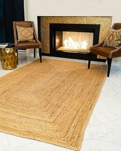 EcoKunst Jute Teppich Rechteckig Wohnzimmer| 70 x 140 cm I Modern Handgefertigt 100% Naturfaser Läufer | Boho Deco für Schlafzimmer, Küche, Outdoor, Flur - Beige von EcoKunst