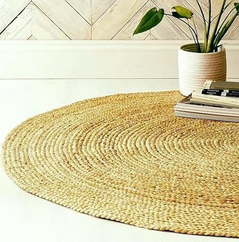 EcoKunst Jute Teppich Rund Wohnzimmer| Ø 250 cm| Modern Handgefertigt 100% Naturfaser Läufer | Boho Deco für Schlafzimmer, Küche, Outdoor, Flur - Beige von EcoKunst