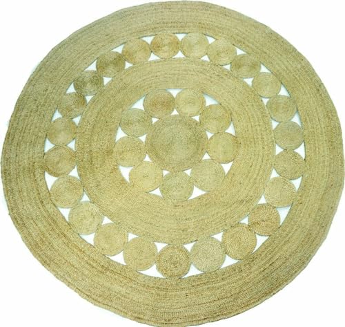 EcoKunst Jute Teppich Rund Handgewebt 100% Naturfaser Boho Handgefertigt Umweltfreundlich Natur Farbe für Wohnzimmer Schlafzimmer (Natürlich, 180 cm) von EcoKunst