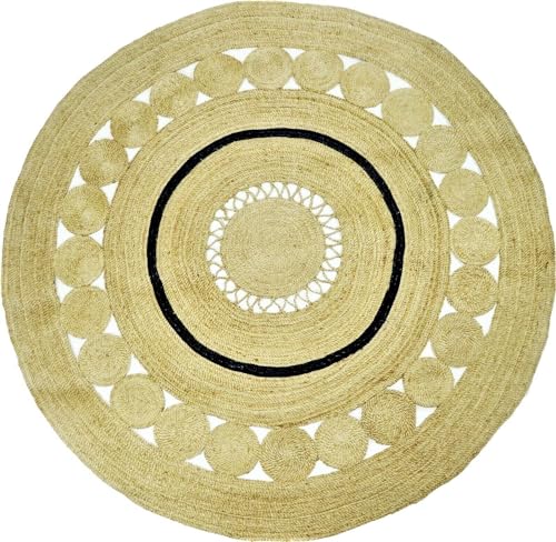 EcoKunst Jute Teppich Rund Handgewebt 100% Naturfaser Boho Handgefertigt Umweltfreundlich Natur Farbe für Wohnzimmer Schlafzimmer (Natürlich und blau, 200 cm) von EcoKunst