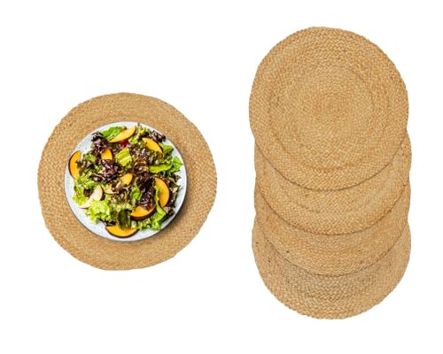 EcoKunst Jute Tischset rund 4er Set, Boho Moderne Nachhaltige Wohnaccessoires 100% Naturfaser Beige Platzmatte Platzdeckchen für Küche, Esstisch Wintergarten - Geflochtene Party Dekoration 38 cm von EcoKunst