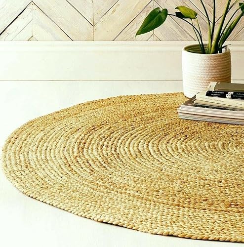 EcoKunst Jute Teppich Rund, Handgewebt 100% Naturfaser, Boho Ethno Muster Modern, Natur Farbe für Wohnzimmer, Schlafzimmer, Flurteppich (120 cm), EKR-J101 von EcoKunst