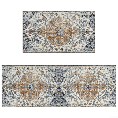 Küchenteppiche 2er-Set, rutschfeste wasserdichte Polyester-Matten mit stilvollem Bohemian-Muster für Komfort und Bodenschutz (blauer Boho) von EcoLivzen