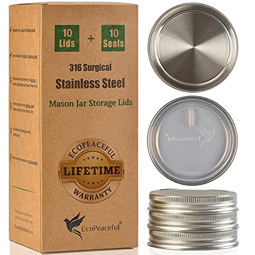 EcoPeaceful 10 Mason Jar Deckel,316 chirurgischer Edelstahl Deckel für Mason Jar Regular Mouth mit Silikondichtung Trocken- & Flüssigkeitsaufbewahrungsdeckel,Vegan, phthalatfrei,nicht zum Einmachen von EcoPeaceful