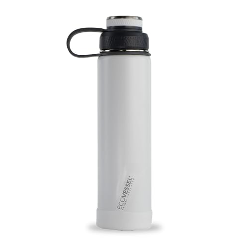 EcoVessel Edelstahl Wasserflasche mit isoliertem Doppeldeckel, Isolierte Wasserflasche mit Sieb und Silikonflasche Bumper, Kaffeebecher - 680 ml (White Out) von EcoVessel