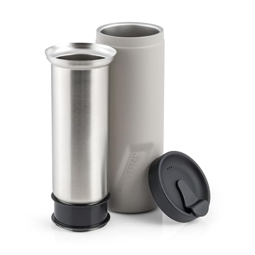 EcoVessel Travel French Press, tragbare Kaffeemaschine, Edelstahl, isolierte Kaffeepresse, wiederverwendbare Einzelportionsflasche für unterwegs, 400 ml (Stein) von EcoVessel