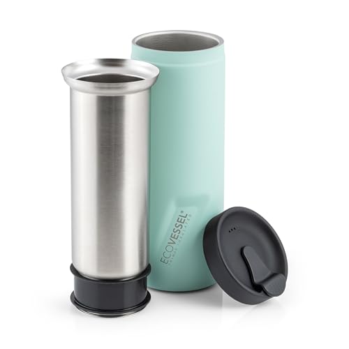 EcoVessel Travel French Press Tragbare Kaffeemaschine Edelstahl Isolierte Kaffeepresse Wiederverwendbare Einzelportionsflasche für Unterwegs 400 ml (Mint) von EcoVessel
