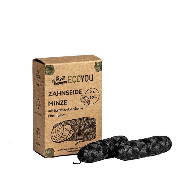 EcoYou Vegane Zahnseide - 2 x 30 Meter Rollen mit Minzgeschmack aus Bambus Aktivkohle von EcoYou