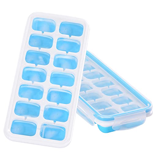 Ecocalta 2 Pack Eiswürfelform mit Deckel, Eiswürfelbehälter Silikon, Langlebig Und Flexibel, 14, Leicht Zu Lösen, Stapelbar & Bpa-Frei, Babynahrung Ice Tray für Getränke, Obst, Joghurt, Weiß+blau von Ecocalta