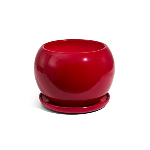 Ecoceramik Übertopf mit Untersetzer, Keramik, 11 cm, ORB-Serie, Rot von Ecoceramik