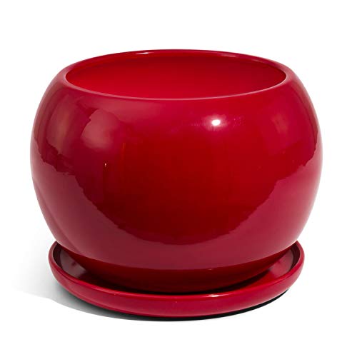 Keramik Blumentopf mit Untersetzer Unikat Kugel handbemalt D 180 mm rot von Ecoceramik