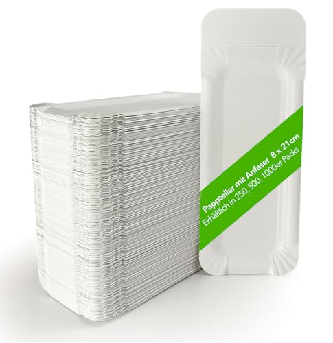 Ecocleo® Pappteller mit Anfasser 8 x 21 cm | 1000 Stück Einwegteller eckig, mit Abriss für Bratwurst | Papierteller Grillfest, Geburtstag oder Party | Einweggeschirr biologisch abbaubar von Ecocleo