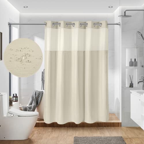 Ecoehoe 180 cm B x 200 cm H Stoffhakenfreier Duschvorhang, lang mit Polyester-Magnet-Futter, oben durchsichtig, mit Netzfenster, Hellbeige von Ecoehoe