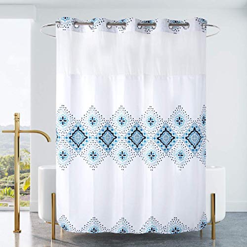 Ecoehoe Langer Duschvorhang in Hotelqualität, 180 x 200 cm, Hakenfrei, mit Polyester-Ersatzfutter, weiß und blau, Boho-Stil, maschinenwaschbar, Oben durchsichtiges Netzfenster von Ecoehoe