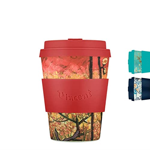 12oz 350ml Ecoffee Cup Van Gogh Wiederverwendbare umweltfreundliche 100% pflanzliche Kaffeetasse mit Silikondeckel und Hülle - Melaminfreie und biologisch abbaubare Reisetasse, Plum Orchard von Ecoffee Cup