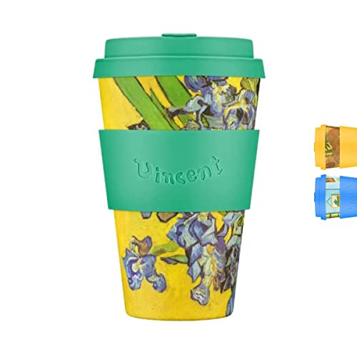 14oz 400ml Ecoffee Cup Van Gogh Wiederverwendbare umweltfreundliche 100% pflanzliche Kaffeetasse mit Silikondeckel und Hülle - Melaminfreie und biologisch abbaubare Reisetasse, Irises von Ecoffee Cup