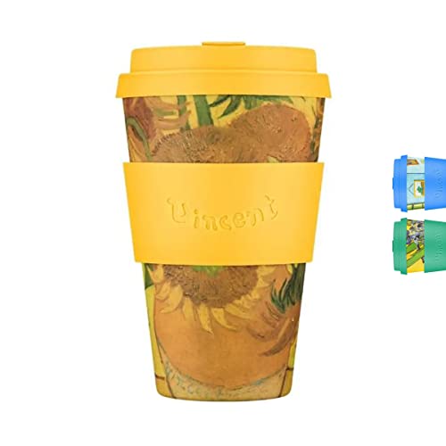 14oz 400ml Ecoffee Cup Van Gogh Wiederverwendbare umweltfreundliche 100% pflanzliche Kaffeetasse mit Silikondeckel und Hülle - Melaminfreie und biologisch abbaubare Reisetasse, Sunflowers von Ecoffee Cup