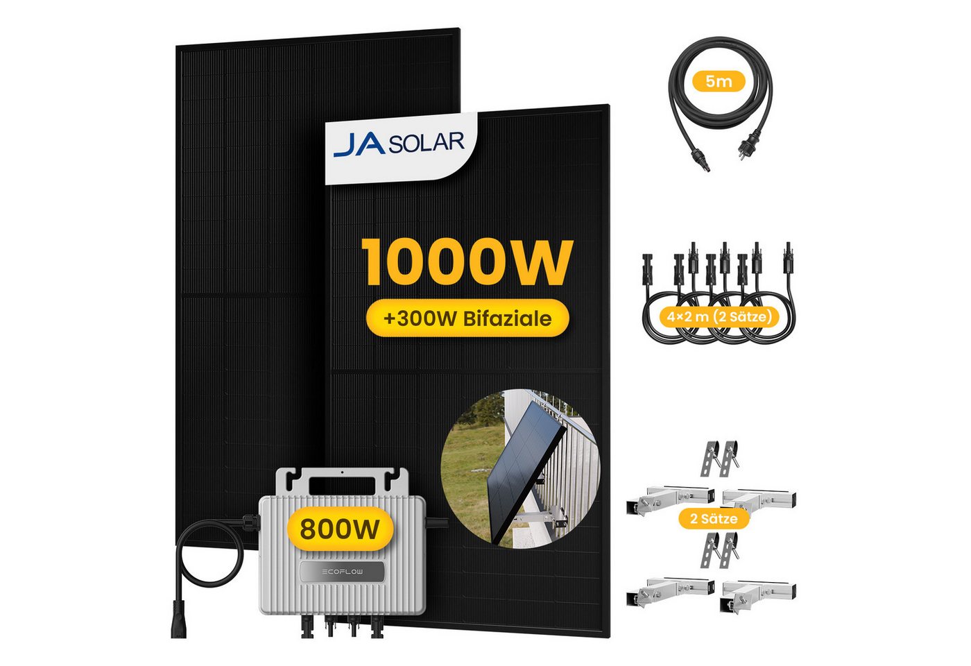 Ecoflow Balkonkraftwerk 1000W Solaranlage, Module mit 800W EcoFlow Wechselrichter, Halterung, (2xJASolar 500Wp und 4x2m Verlängerungskabel im Lieferumfang enthalten) von Ecoflow
