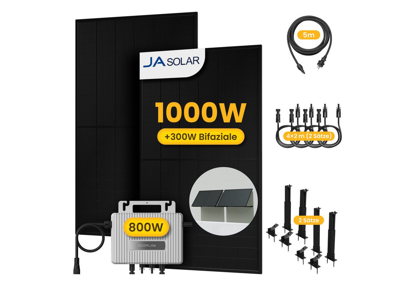 Ecoflow Balkonkraftwerk 1000W Solaranlage, Module mit 800W EcoFlow Wechselrichter, Halterung, (2xJASolar 500Wp und 4x2m Verlängerungskabel im Lieferumfang enthalten) von Ecoflow