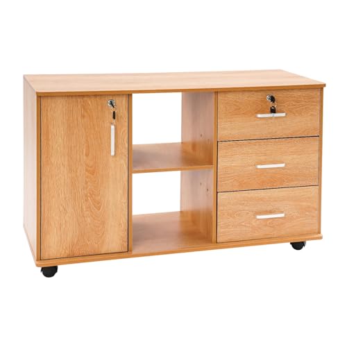 Aktenschrank Mobiler Büroschrank Schubladenschrank 3 Schubladen Aufbewahrungsschrank Offene Regale mit Rollen und Schließvorrichtung für Büro Arbeitszimmer Wohnzimmer 90 * 34 * 59 cm von Ecoggeder