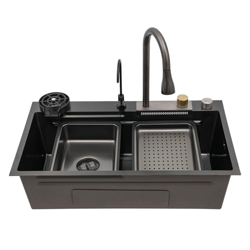 Edelstahlspüle Wasserfallspüle Einbauspüle Multifunktions-Spüle 80 * 45 cm Rechteckig Küchenspüle Praktische Spüle mit Schneidebrett, Abtropfkorb, Tassenwaschmaschine, Wasseraufbereitungshahn von Ecoggeder