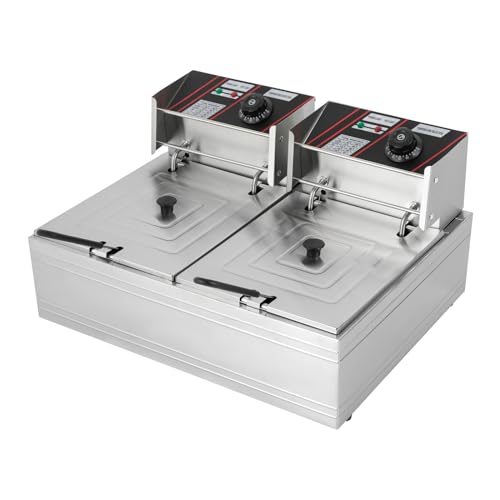Fritteuse Doppeltank Elektrofritteuse 12L Elektro-Tauchfritteuse 2 x 2500W GastroFritteuse Temperaturbereich 60-200℃ aus Edelstahl mit 2 Abdeckungen für Restaurants, Cafés, Imbissstuben von Ecoggeder