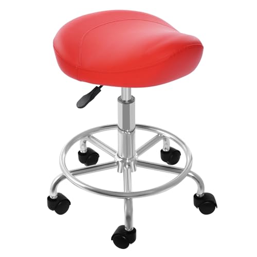 Rollhocker Barhocker Schminkhocker Sattel Hebesattel Hocker 360° Drehbar Bürohocker PU Ergonomische Polsterung 45-59 cm Einstellbare 150 KG Rolling Sattel Hocker mit Rädern für Büro Spa (Rot) von Ecoggeder