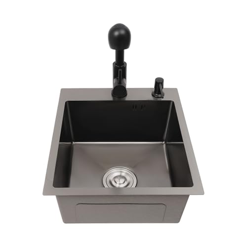 Spülbecken Edelstahl Küchenspüle Küchenspülbecken Set 40 x 45 cm Schwarz Grau Spüle Einbauspüle 1 Becken Fleckenbeständig und Pflegeleicht mit Ausziehbarem, Wasserhahn, Abtropfkorb, Seifenspender von Ecoggeder