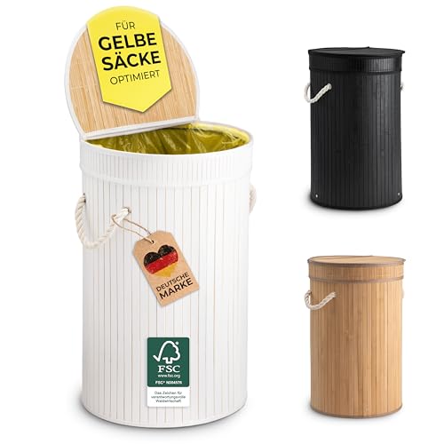 Ecojoo® Premium Gelber Sack Ständer aus FSC®- Bambus - doppelt verstärkt, Mülleimer Küche - geruchsdicht, Müllsackständer, Gelber Sack Halter, Abfalleimer Küche, Mülleimer 60l (weiß) von Ecojoo