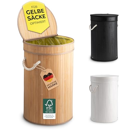 Ecojoo® Premium 60L Gelber Sack Mülleimer aus FSC®-Bambus - doppelt verstärkt, geruchsdicht, Müllsackständer, Behälter Gelbe Säcke, Mülleimer 60L, Gelber Sack Ständer, Müllsackhalter (beige) von Ecojoo