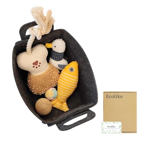 Ecoliko Filz Aufbewahrungskorb für Hundespielzeug & Katzenspielzeug | Organizer für Kleinkram & Tierzubehör | Faltbar, mit Griffen, Bodenschonend & Weich | Dunkelgrau, M (25×18×15 cm) von Ecoliko