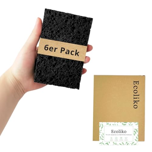 Ecoliko Quellschwamm aus Zellulose, Schwamm ohne Mikroplastik, Schwarz [6er Pack] biologisch abbaubar | saugstark & waschbar | aufgequollen ca. 11×6,5×1,5cm von Ecoliko