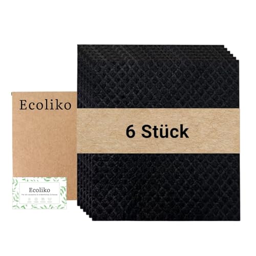 Ecoliko Schwarze Schwammtücher für Küche [6er] aus Holz & Baumwolle | nachhaltige Putzlappen & Bio-Spültücher ohne Mikrofaser - 60 Grad waschbar & fusselfrei - 16×17 cm von Ecoliko